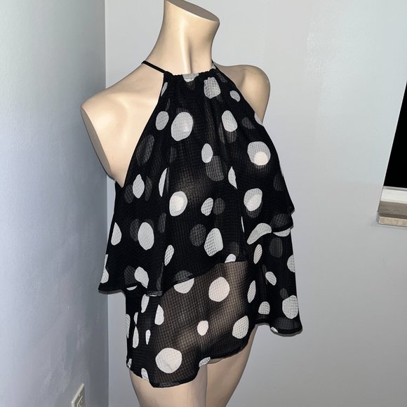 Black and White Pokka Dot Sheer Chiffon Keyhole Flowy Top - Picture 2 of 5